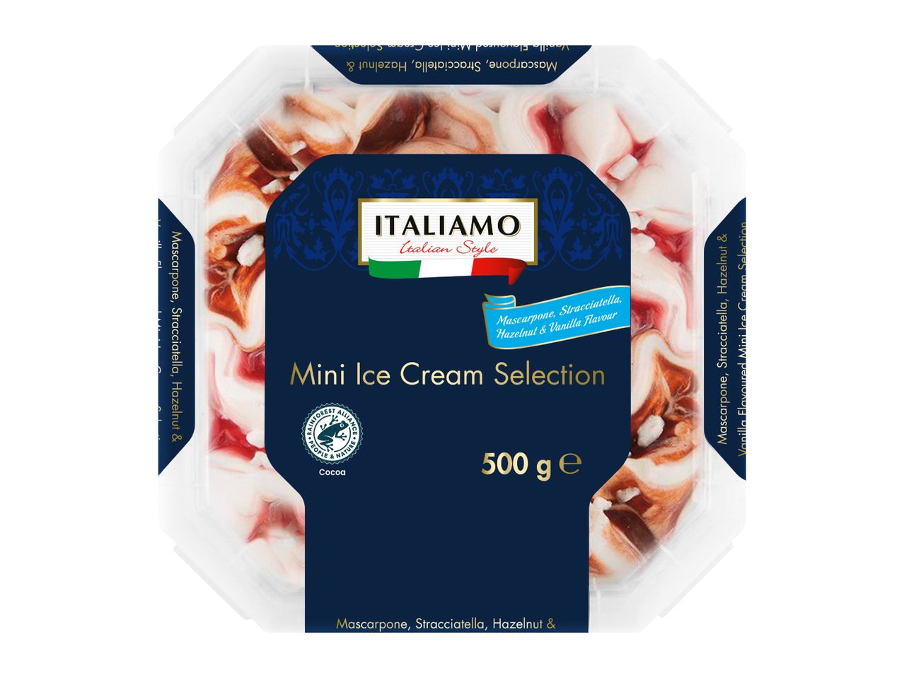Mini Ice Cream Selection with Mascarpone, Stracciatella, Hazelnut & Vanilla Flavours, 500g.