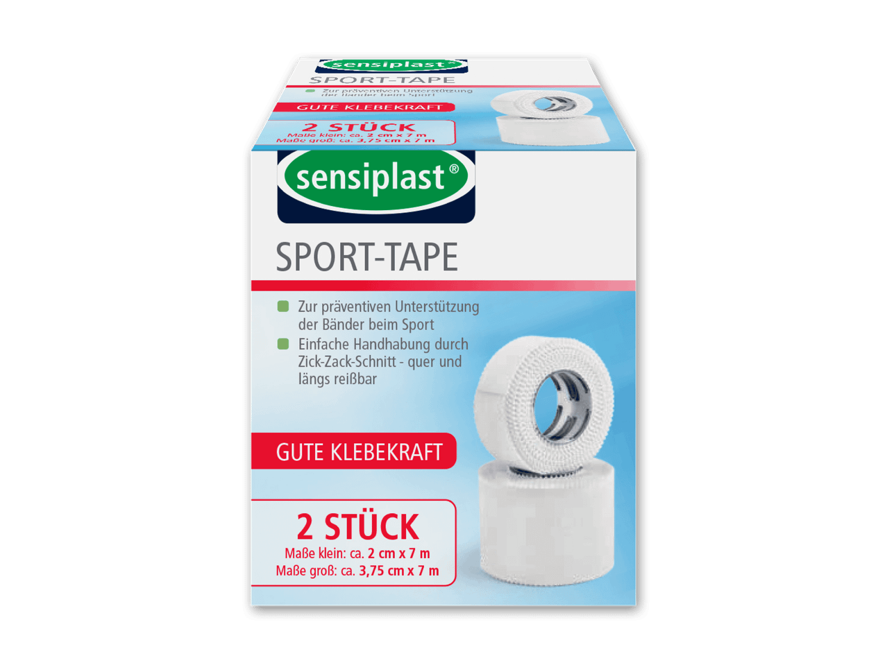 Verpackung für Sensiplast Sport-Tape mit Produktinformationen und Abbildungen.