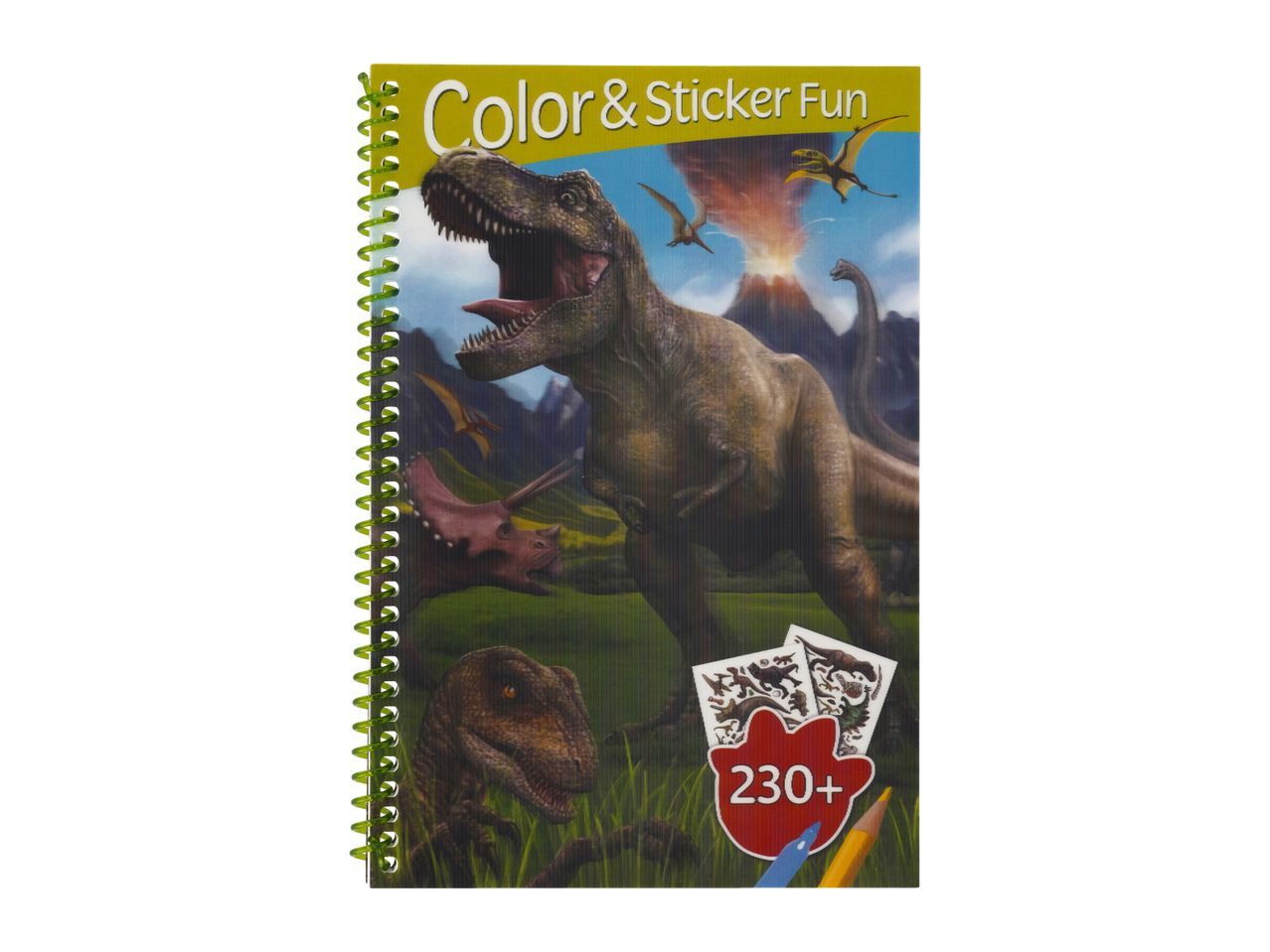 Dinosaur-themed Color & Sticker Fun book with 230+ stickers, pencils, and a green spiral binding.