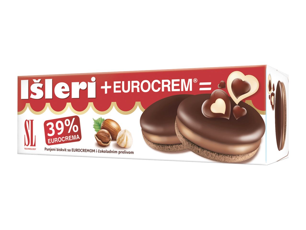 Škatla piškotov Išleri z Eurocremom in čokoladnim prelivom.