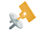 A white child safety outlet plug and a yellow key for removing it.