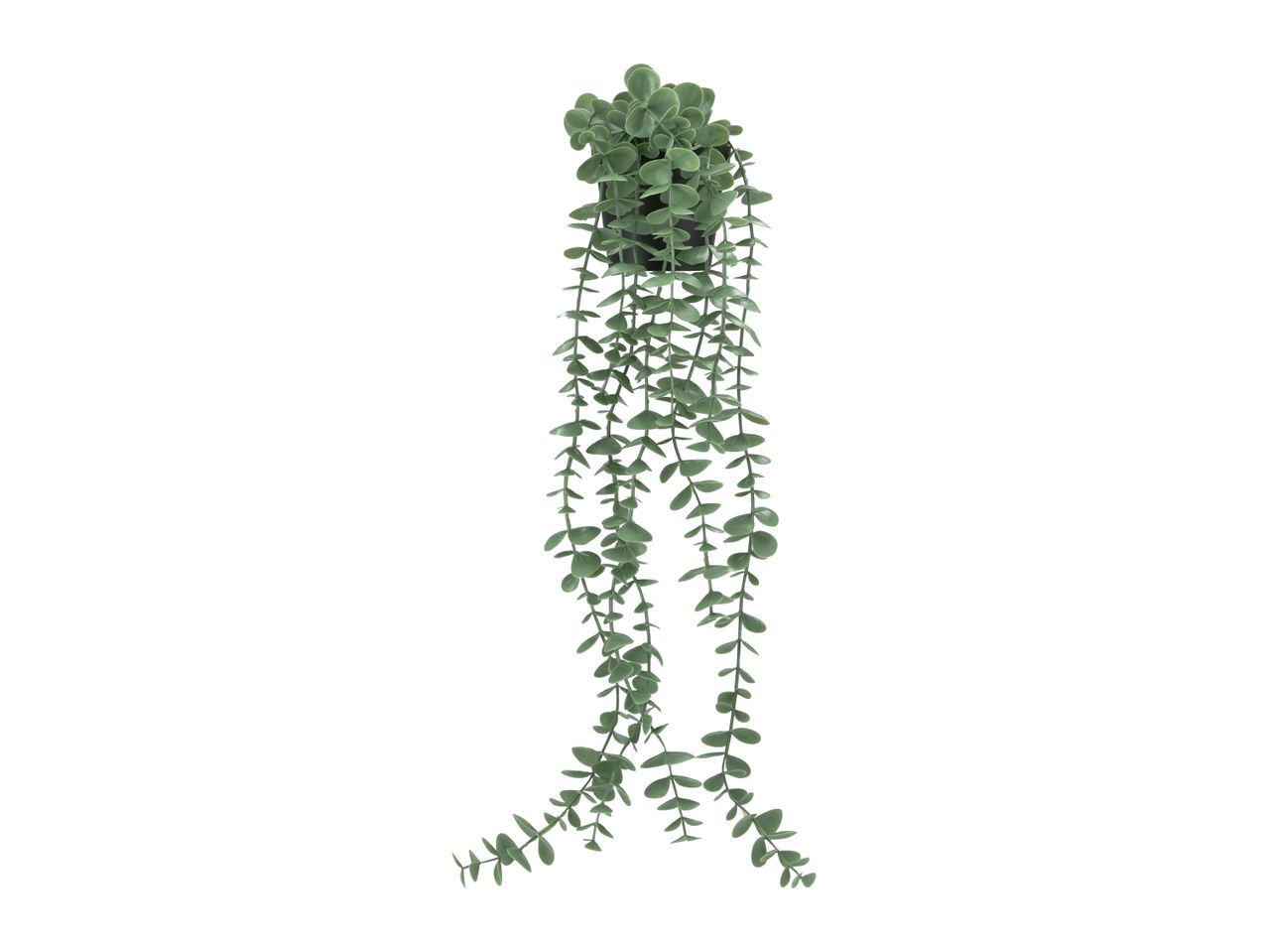 Hanging artificial plant with small green leaves in a black pot