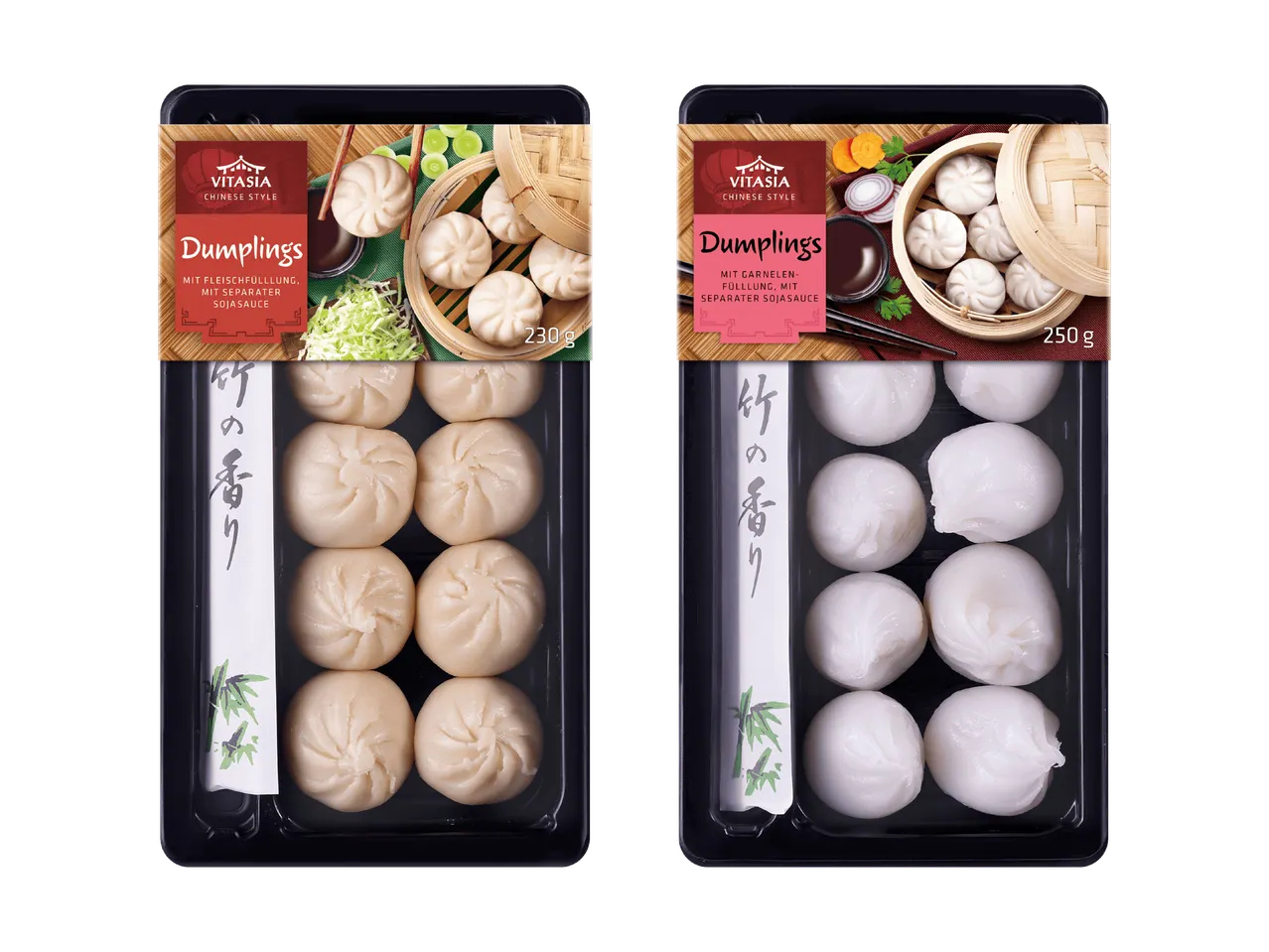 Zwei Packungen chinesischer Teigtaschen: eine mit Fleischfüllung (230g) und eine mit Garnelenfüllung (250g).