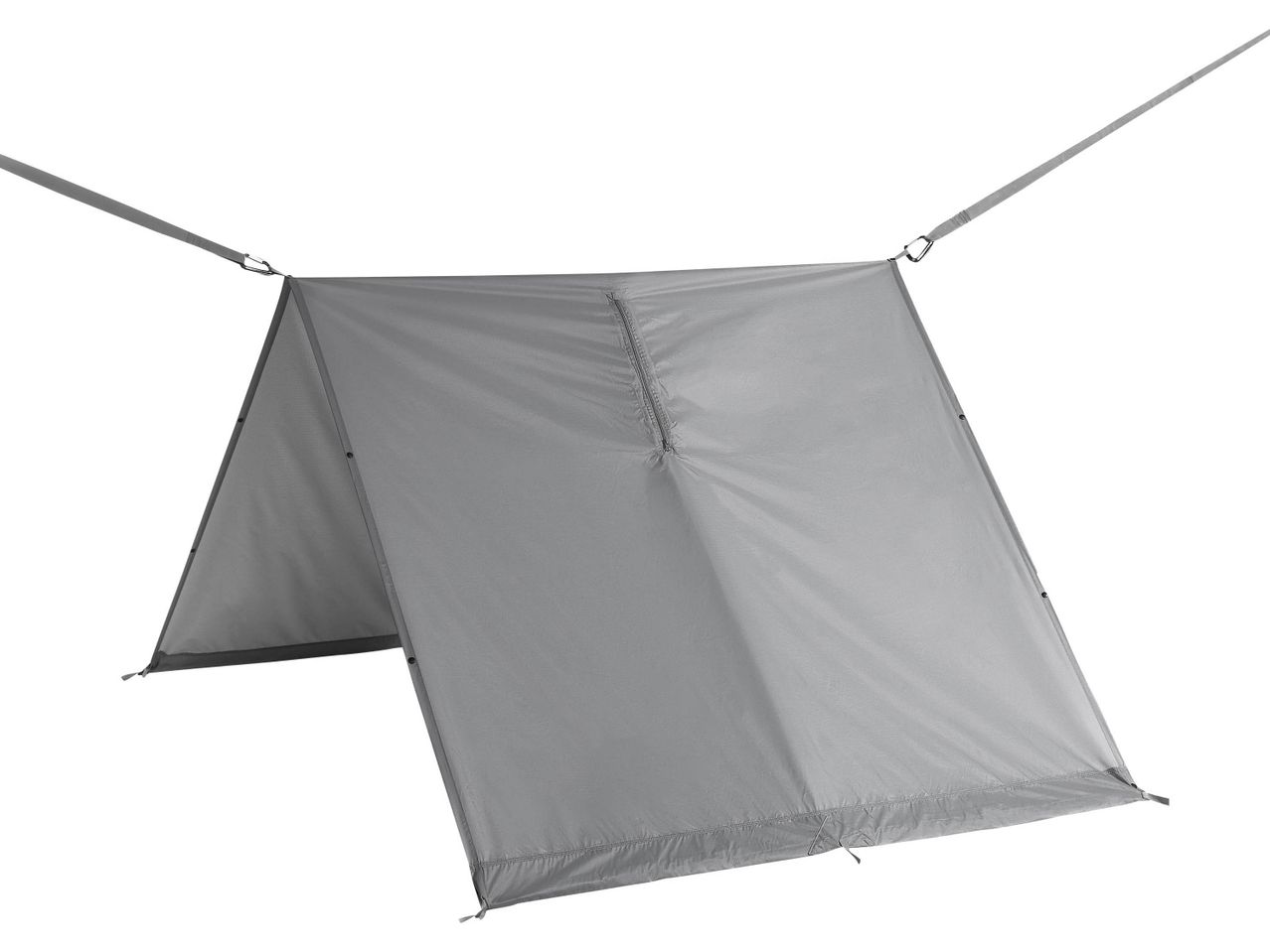 A gray tarp shelter or tent fly, set up with ropes and carabiners.