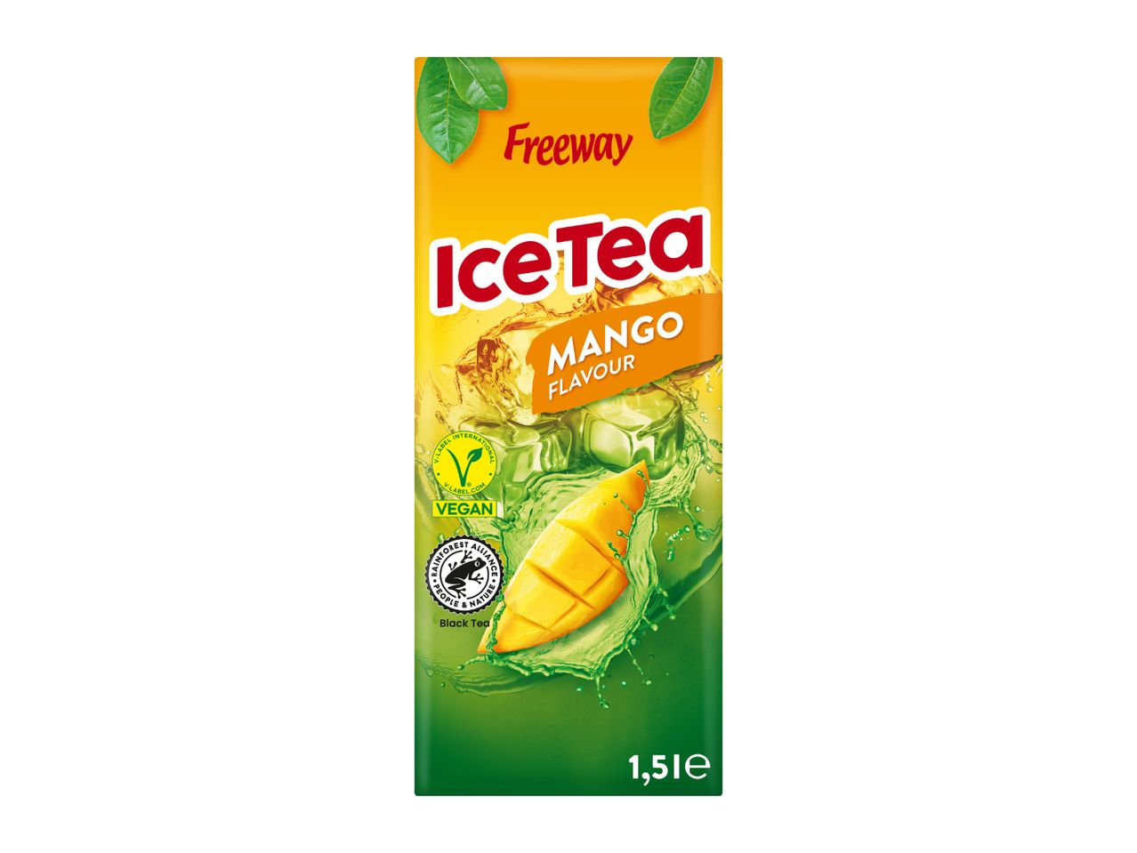 Mango iced tea carton with a mango slice and ice cubes, indicating vegan and Rainforest Alliance certified.