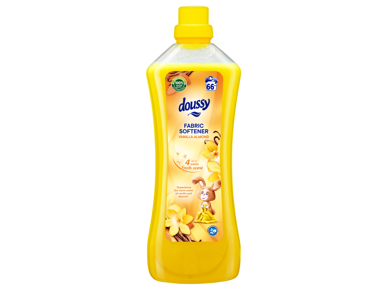 Doussy wasverzachter vanille amandel in een gele fles.