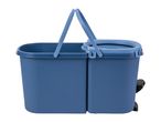 Blue mop bucket with two compartments and a foot pedal for wringing, on a white background.