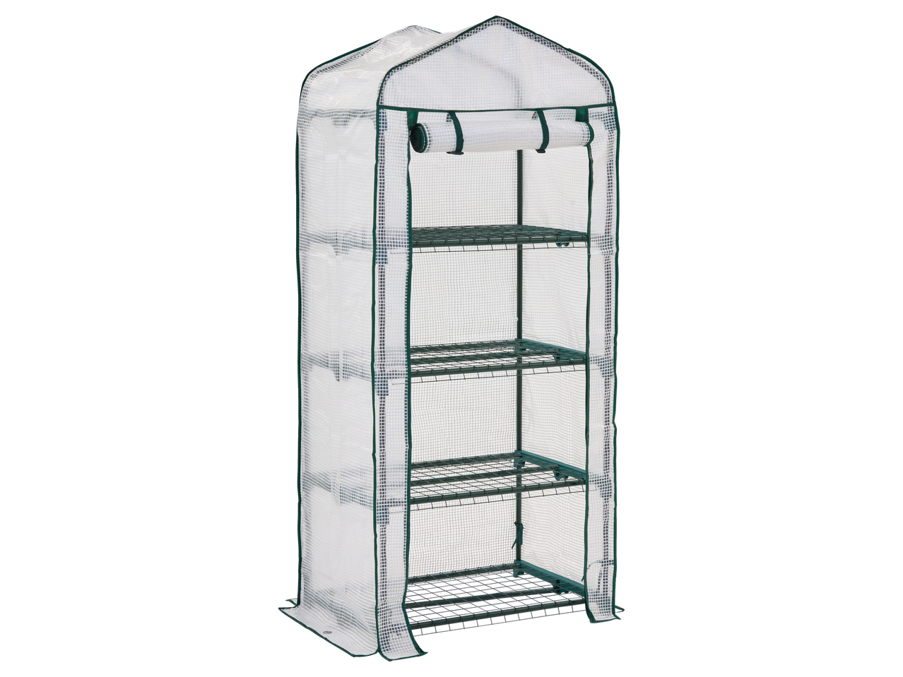 PARKSIDE Rastlinjak: Skaidrus šiltnamis su keturiomis lentynomis ir žaliu rėmu.