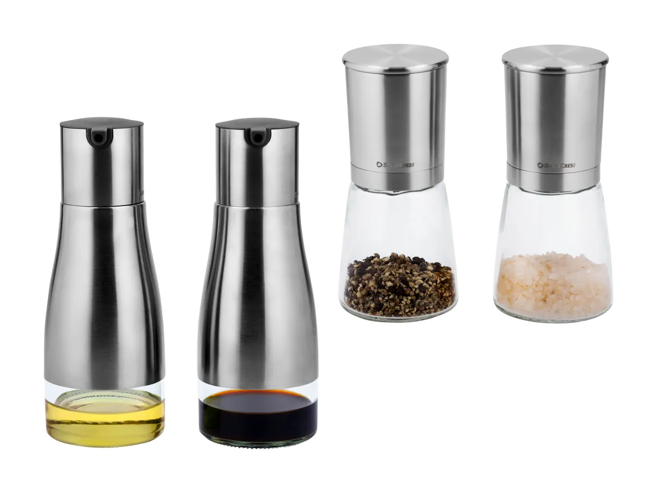 Sæt med oliedispensere og peber- og saltkværne i rustfrit stål og glas.