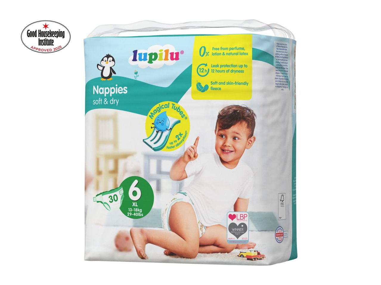 A package of Happy Baby size 6 diapers is shown.