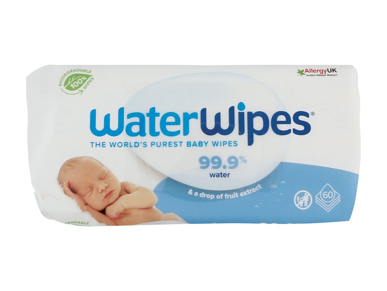 WaterWipes baby wipes with a sleeping baby, highlighting 99.9% water and biodegradable.