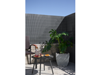 Terraço com uma pequena mesa, bebidas refrescantes, uma tigela de snacks e uma planta.