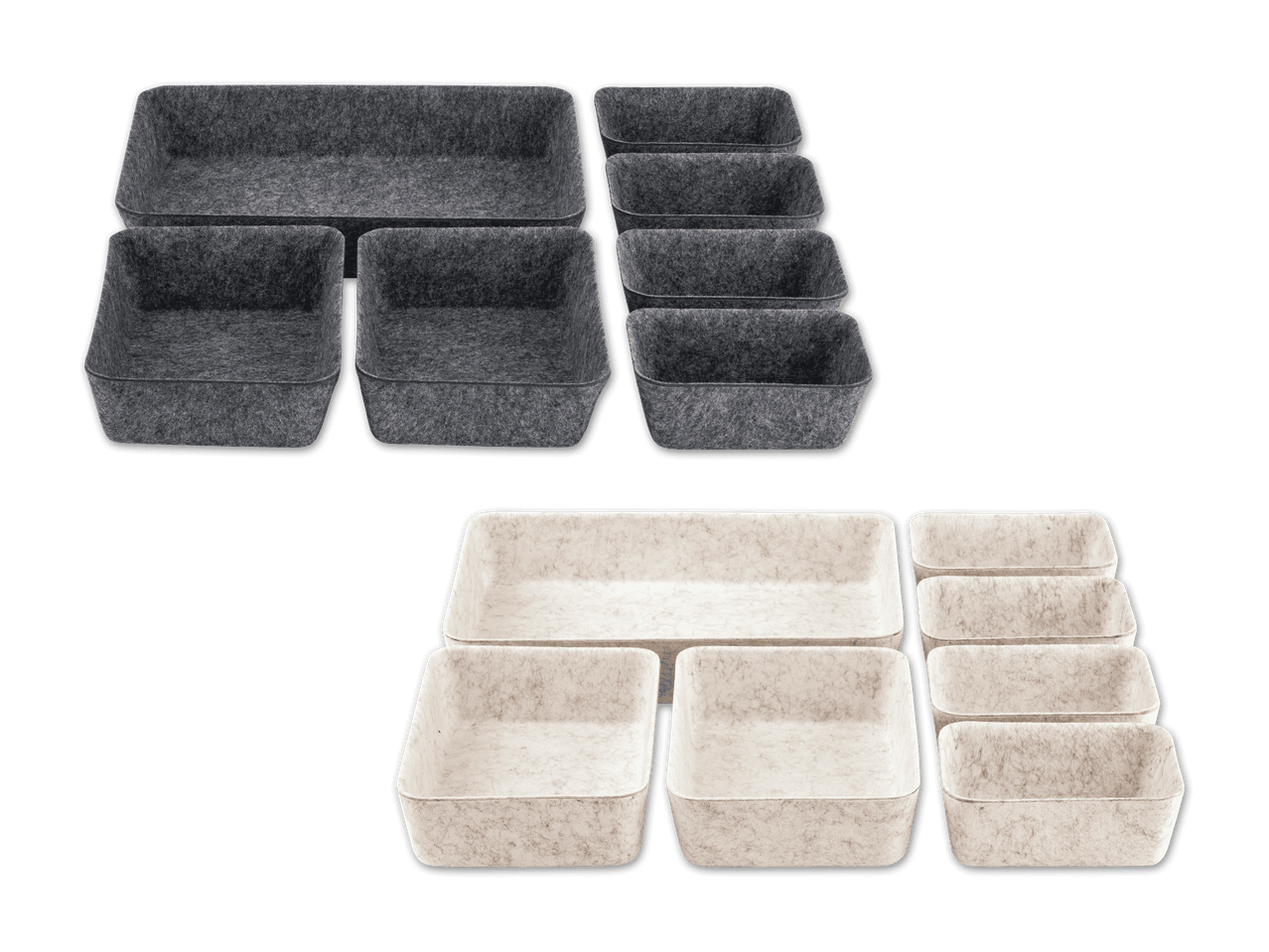 Zwei Sets von Filz-Organizer-Boxen in Grau und Beige, verschiedene Größen