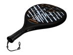 Black padel racket with light blue and orange geometric patterns and a black grip.