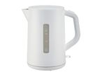 A white electric kettle with a handle.