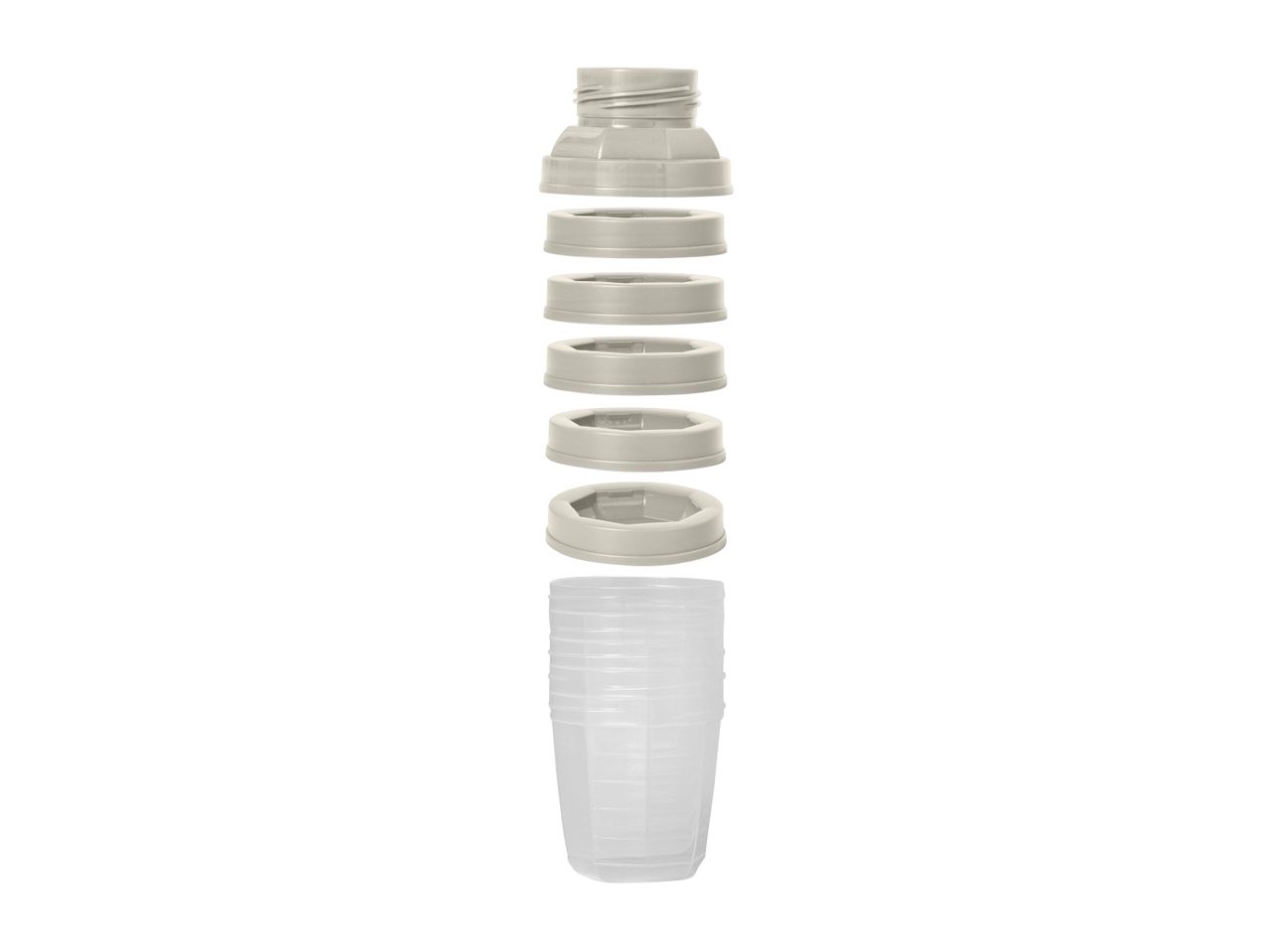 Exploded view of a beige plastic bottle top with multiple rings and a stack of clear cups.