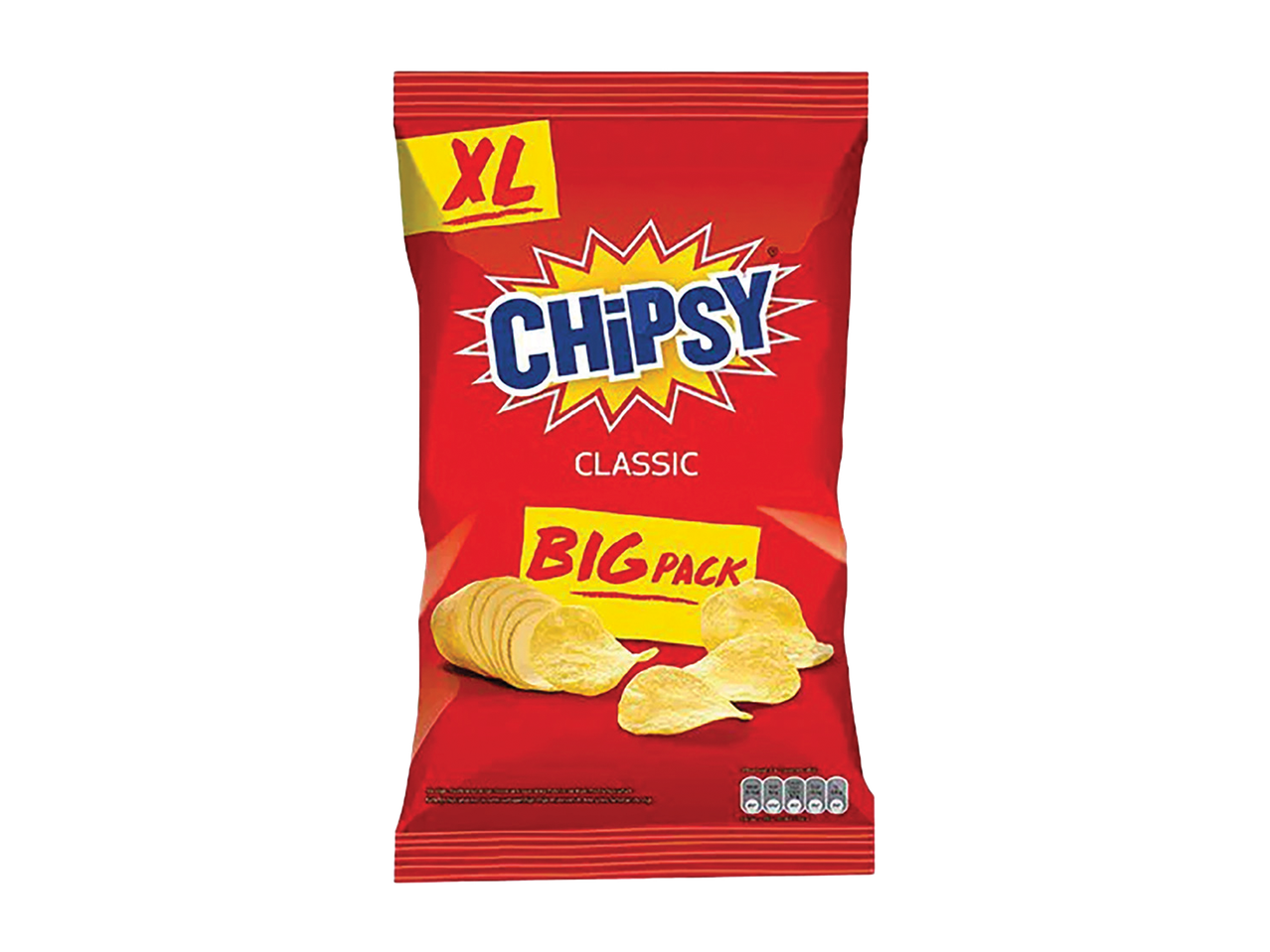Crvena kesica čipsa sa natpisima 'XL', 'Classic' i 'Big Pack', sa čipsom na dnu.