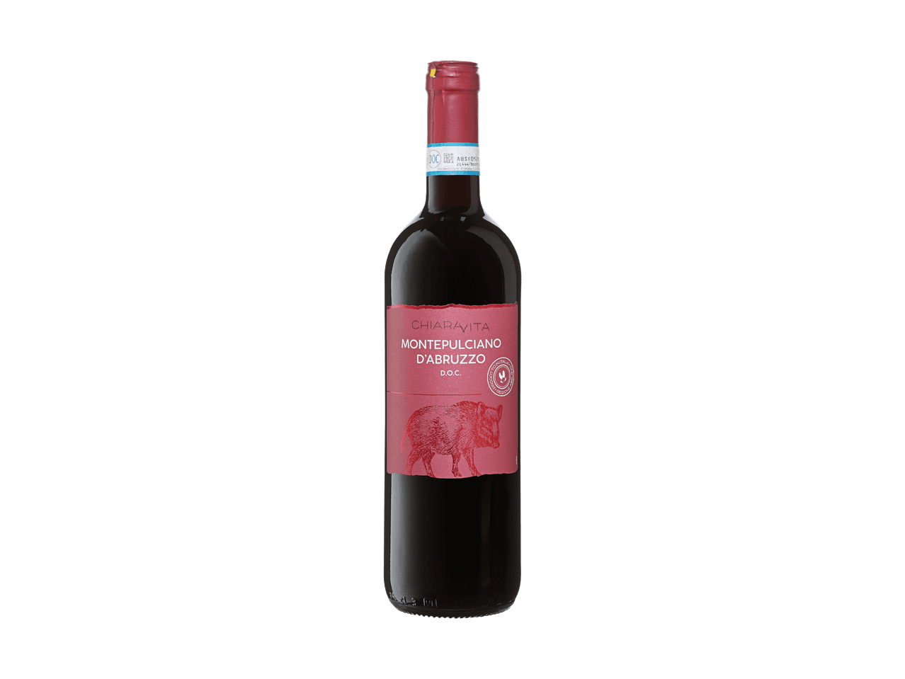 Eine Flasche Rotwein Montepulciano d'Abruzzo mit rotem Etikett und einem Wildschwein.