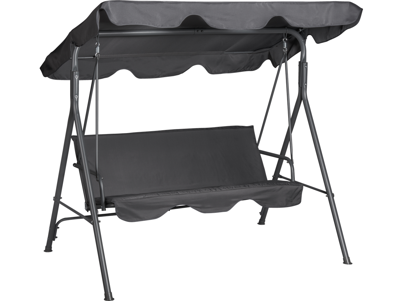Grey garden swing seat with a canopy