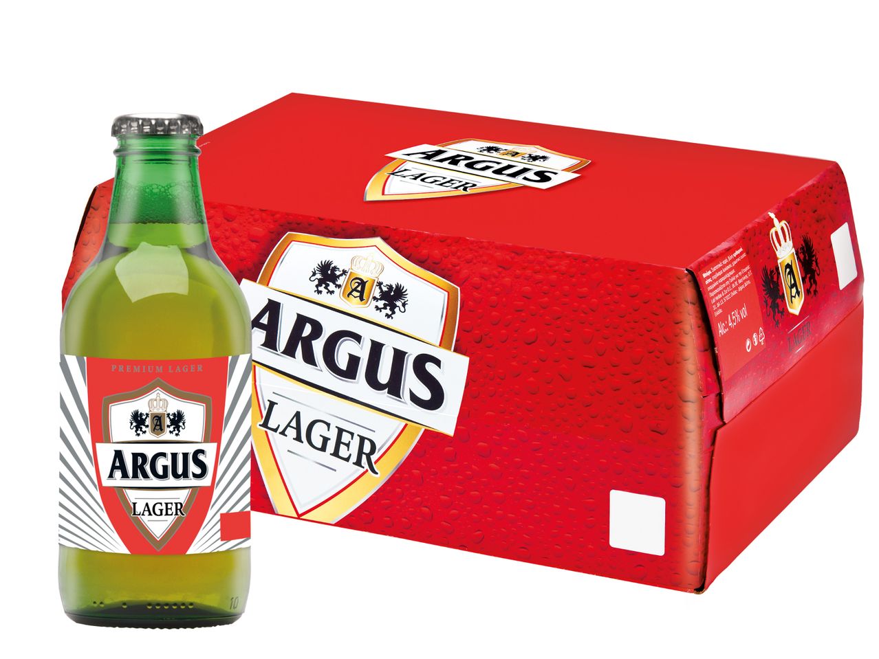 Κιβότιο Argus Lager μπύρας με μπουκάλι.