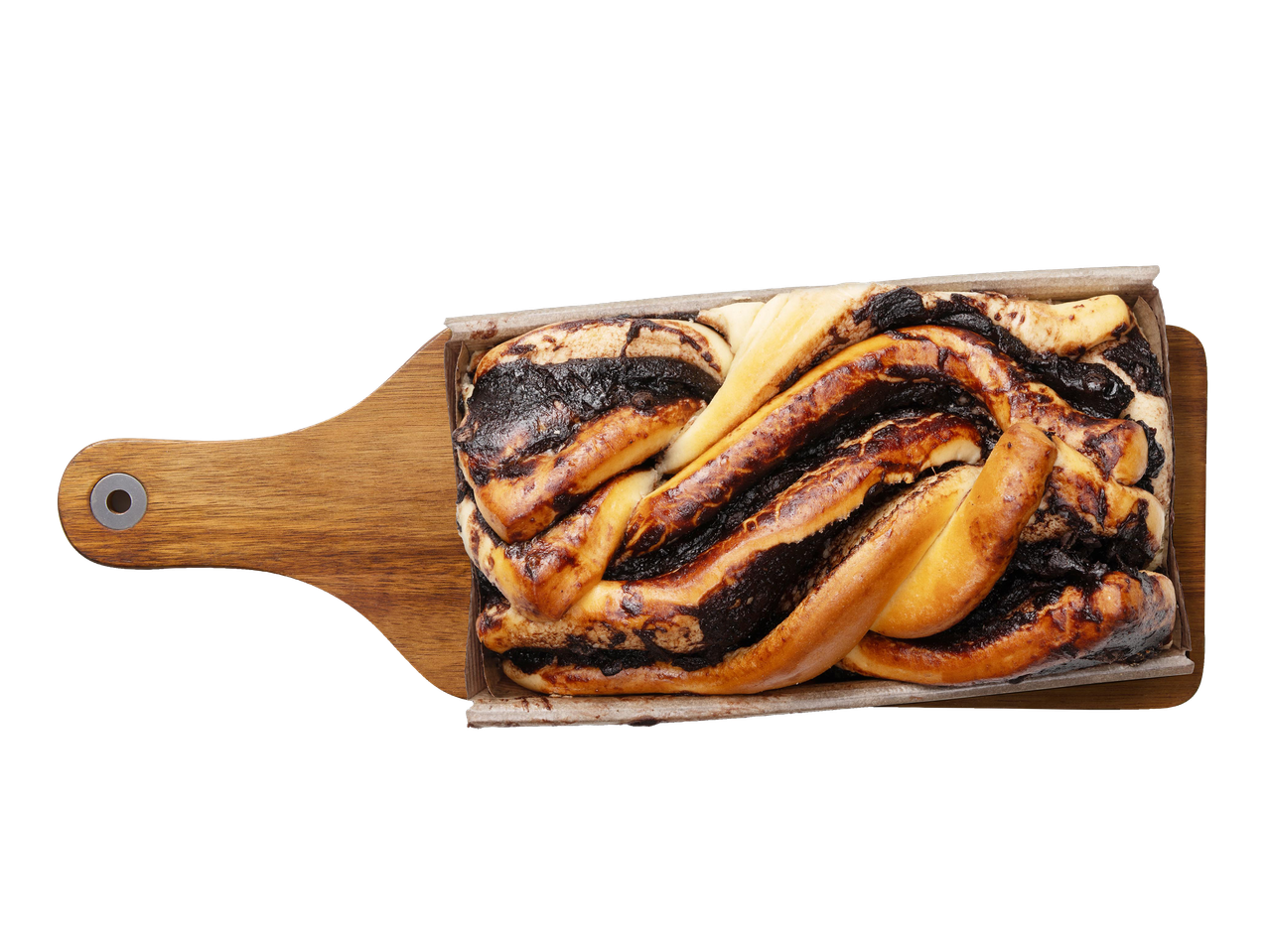 Csokoládés babka egy fa vágódeszkán, felülről fényképezve.