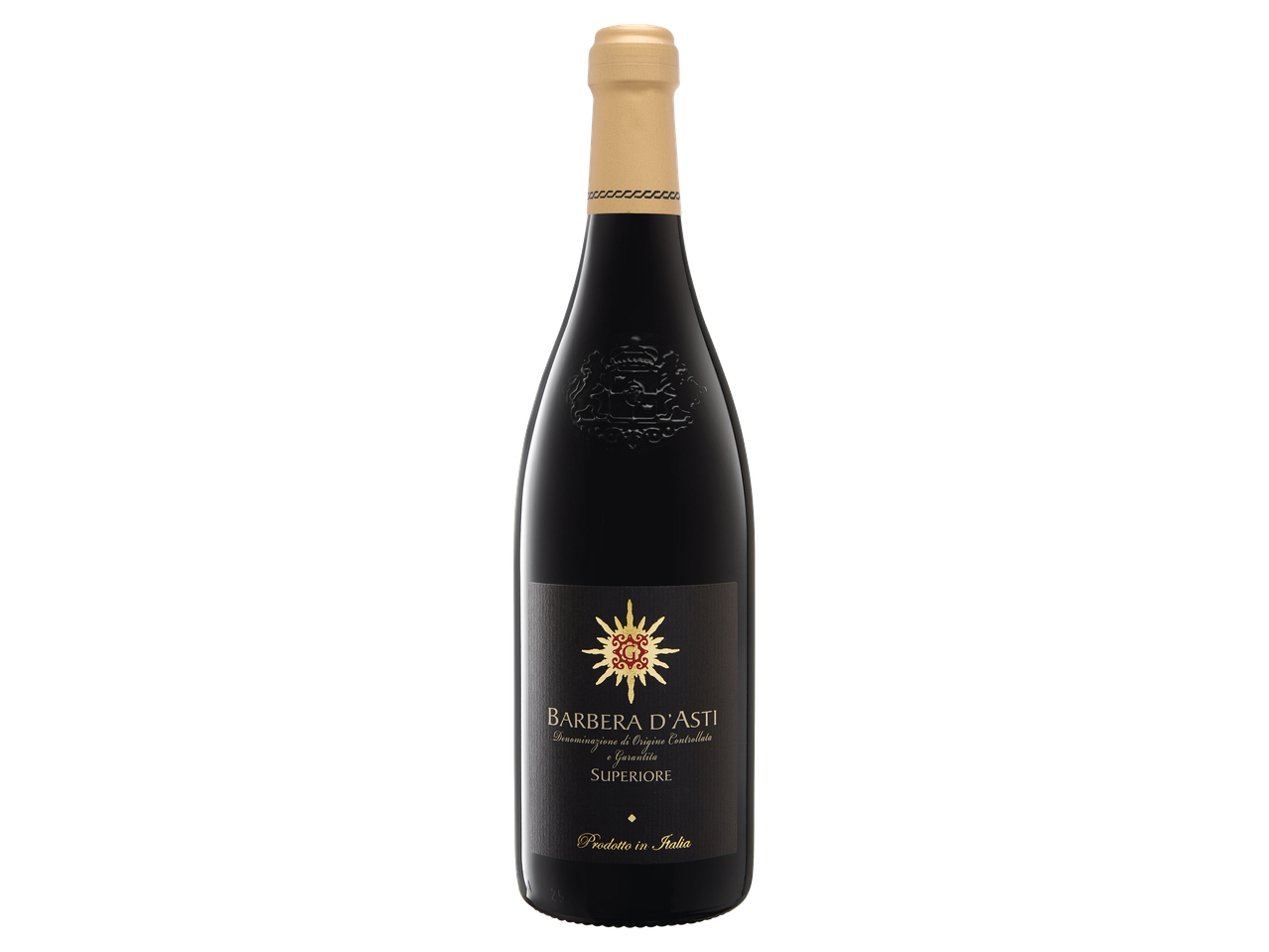 Egy üveg Barbera d'Asti Superiore vörösbor fekete háttér előtt.