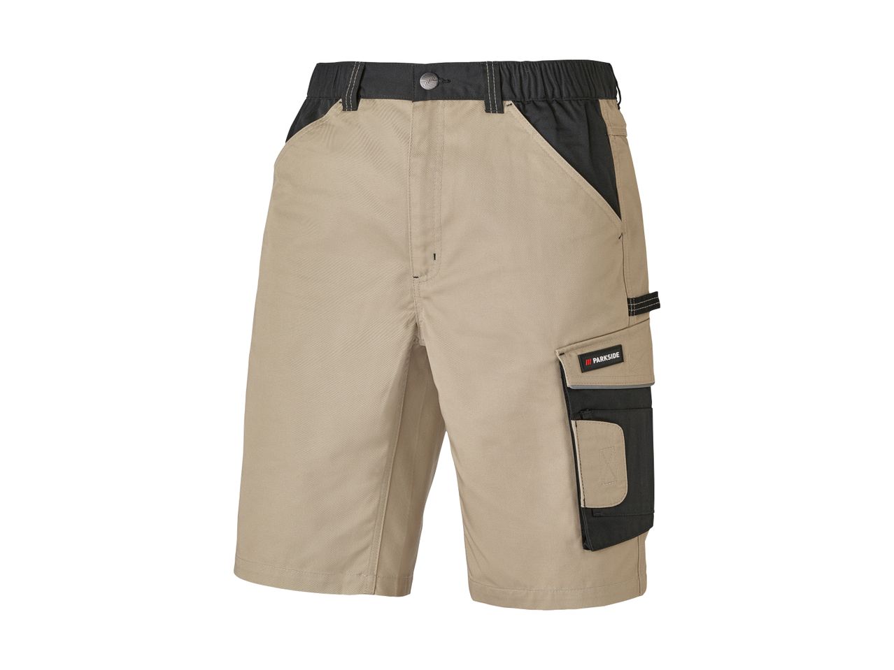 Beige Parkside work shorts with black accents and multiple pockets.