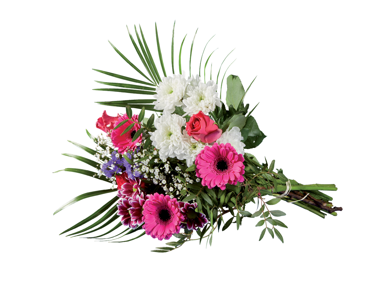 Букет от бели хризантеми, розови гербери и рози, бебешки дъх и зелени листа.