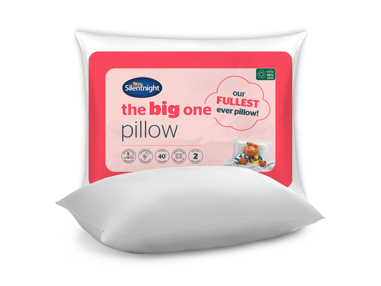 Silentnight's The Big One pillow, a full and hypoallergenic pillow, shown with its packaging.
