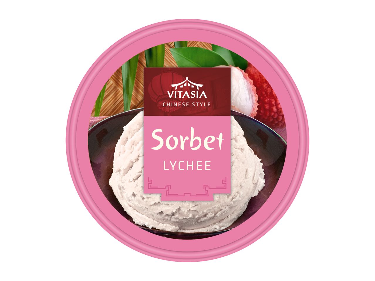 Lychee sorbet in a bowl, with lychee fruit and green leaves in the background, in a pink circular frame.