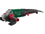 An angle grinder with a green body, black handle, and red accents.