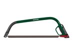 Green bow saw with a brown blade and a black handle.