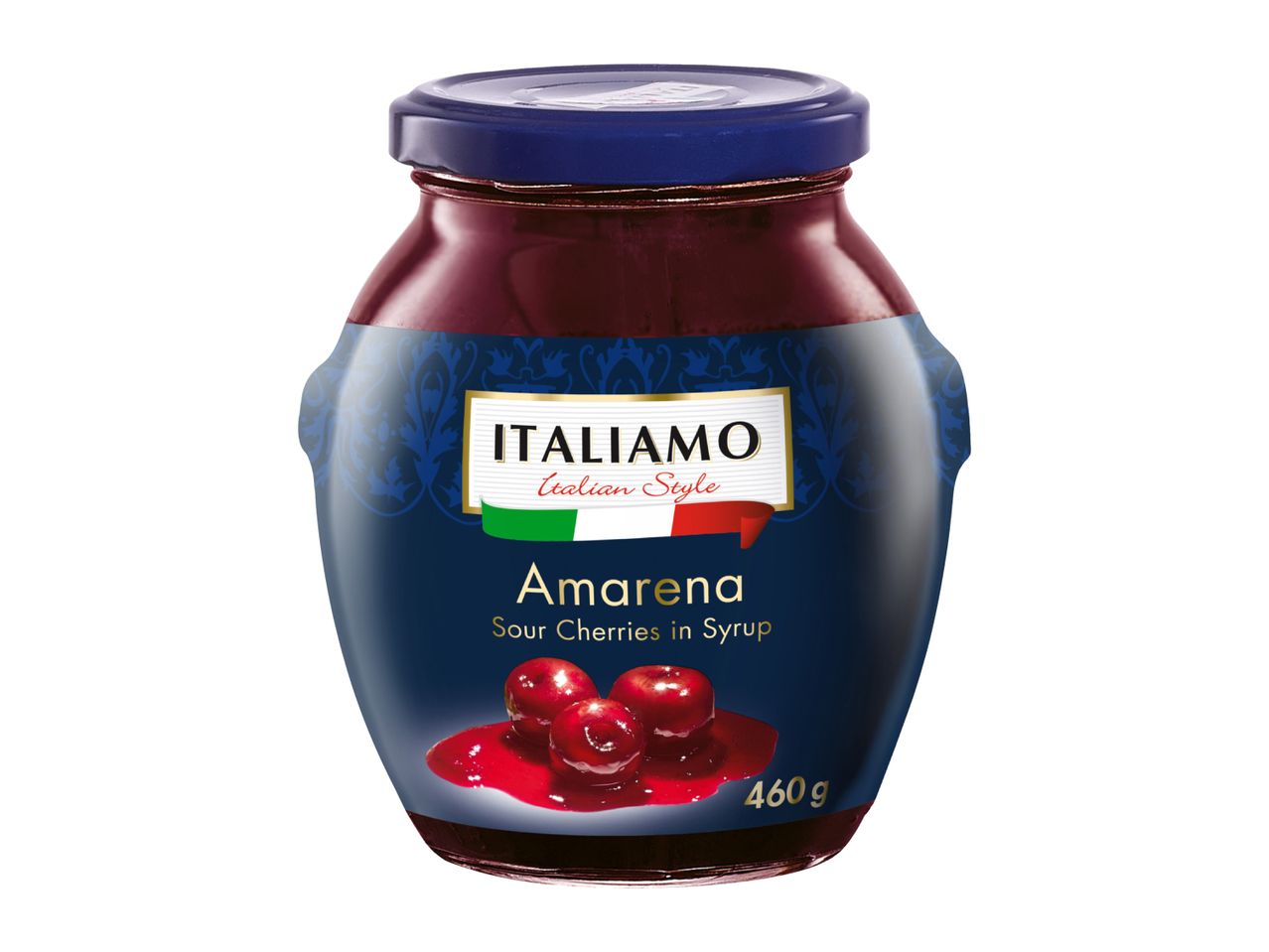 Jar of sour cherries in syrup with a dark blue label and Italian flag colors.