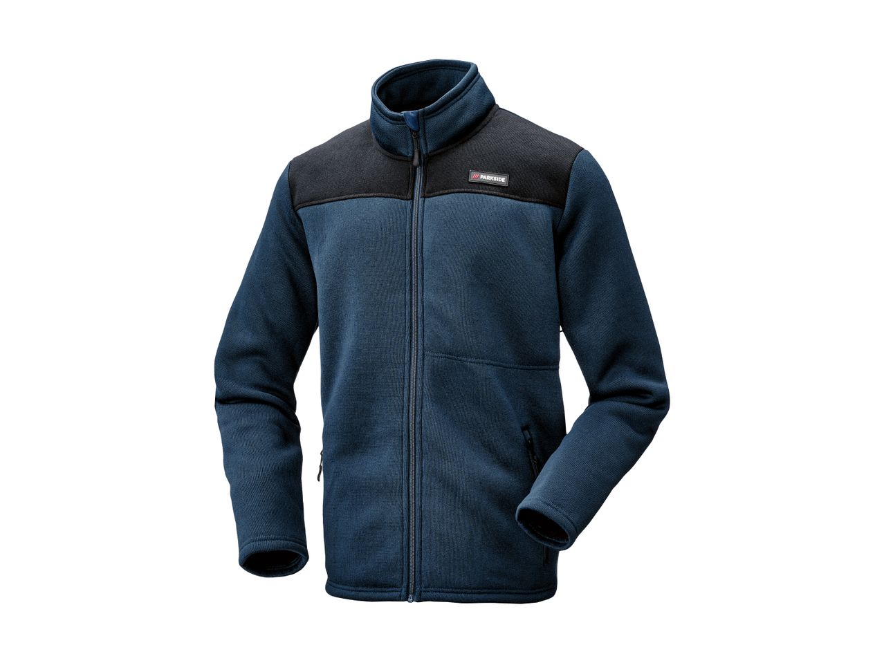 A blue and black fleece jacket with a zipper and a small logo on the chest.
