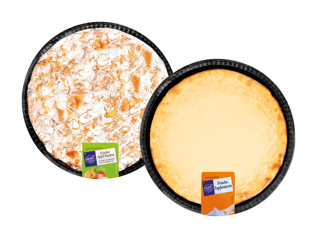 Zwei Kuchen: ein Apfel-Mandel-Kuchen und eine Topfentorte von Kuchen Zauber.