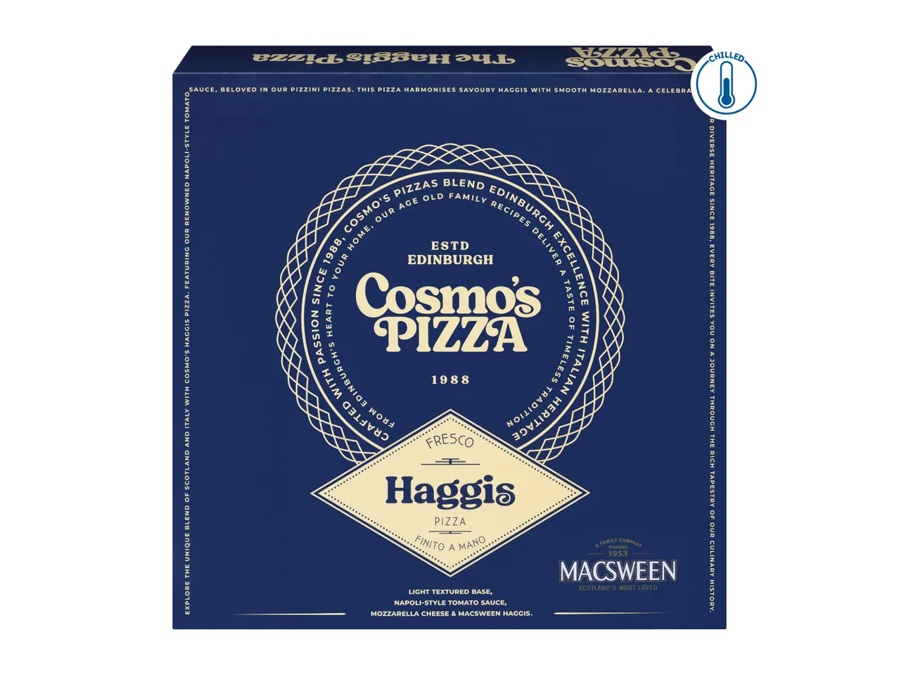 Chilled haggis pizza box with a traditional design, highlighting Scottish and Italian heritage.