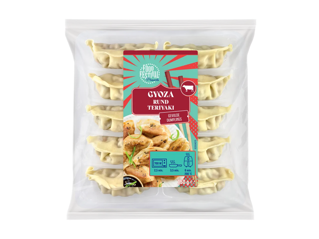 Food Festival Gyoza Rund Teriyaki dumplings in verpakking, met kookinstructies en gewicht.