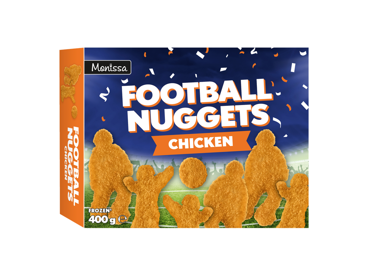 Monissa Football Nuggets: 400g de nuggets de frango congelados em formato de jogadores de futebol.