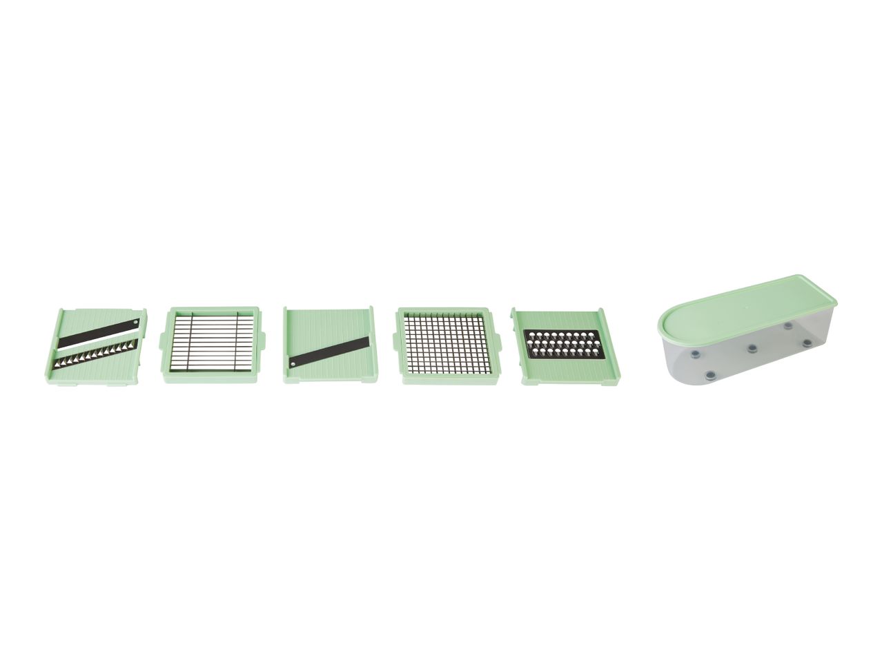 Assortment of five small, light green rectangular components and a larger, pale green rectangular enclosure.