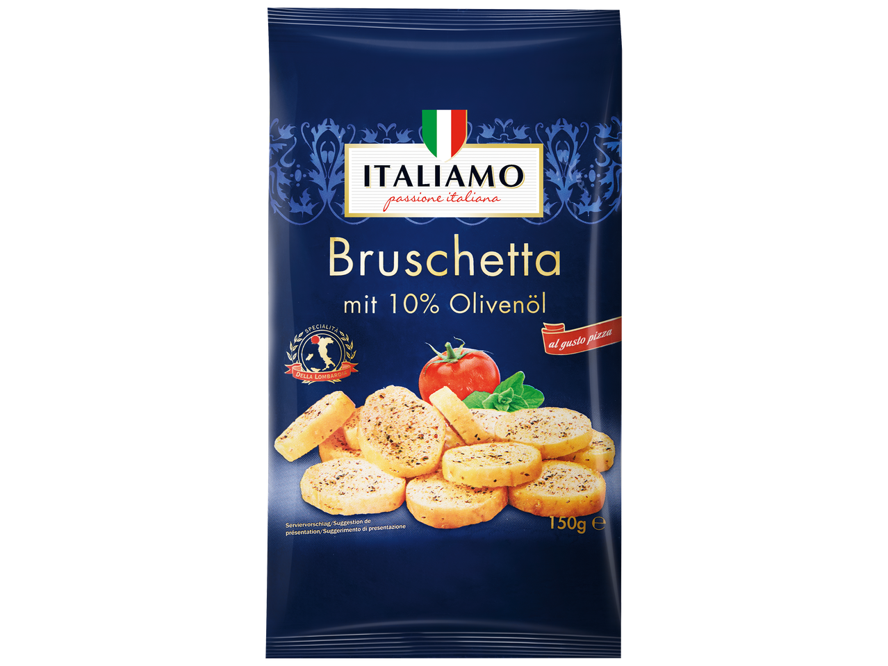 Paquet de bruschetta au goût pizza avec 10% d'huile d'olive, spécialité de Lombardie.