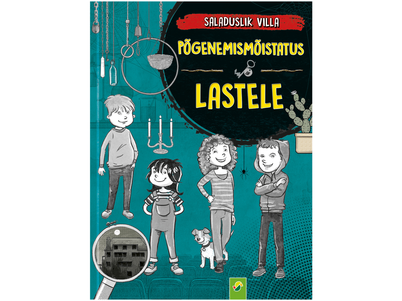 Lastele mõeldud põgenemistoa mängu kaas nelja lapse, koera ja õudsete elementidega.