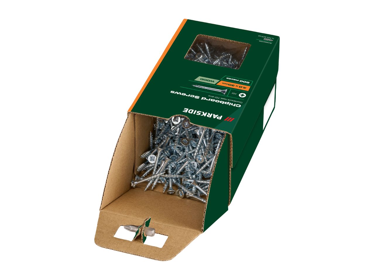 Open box of chipboard screws with a PZ2 bit, 4.0 x 30mm, 600 pieces, for wood.