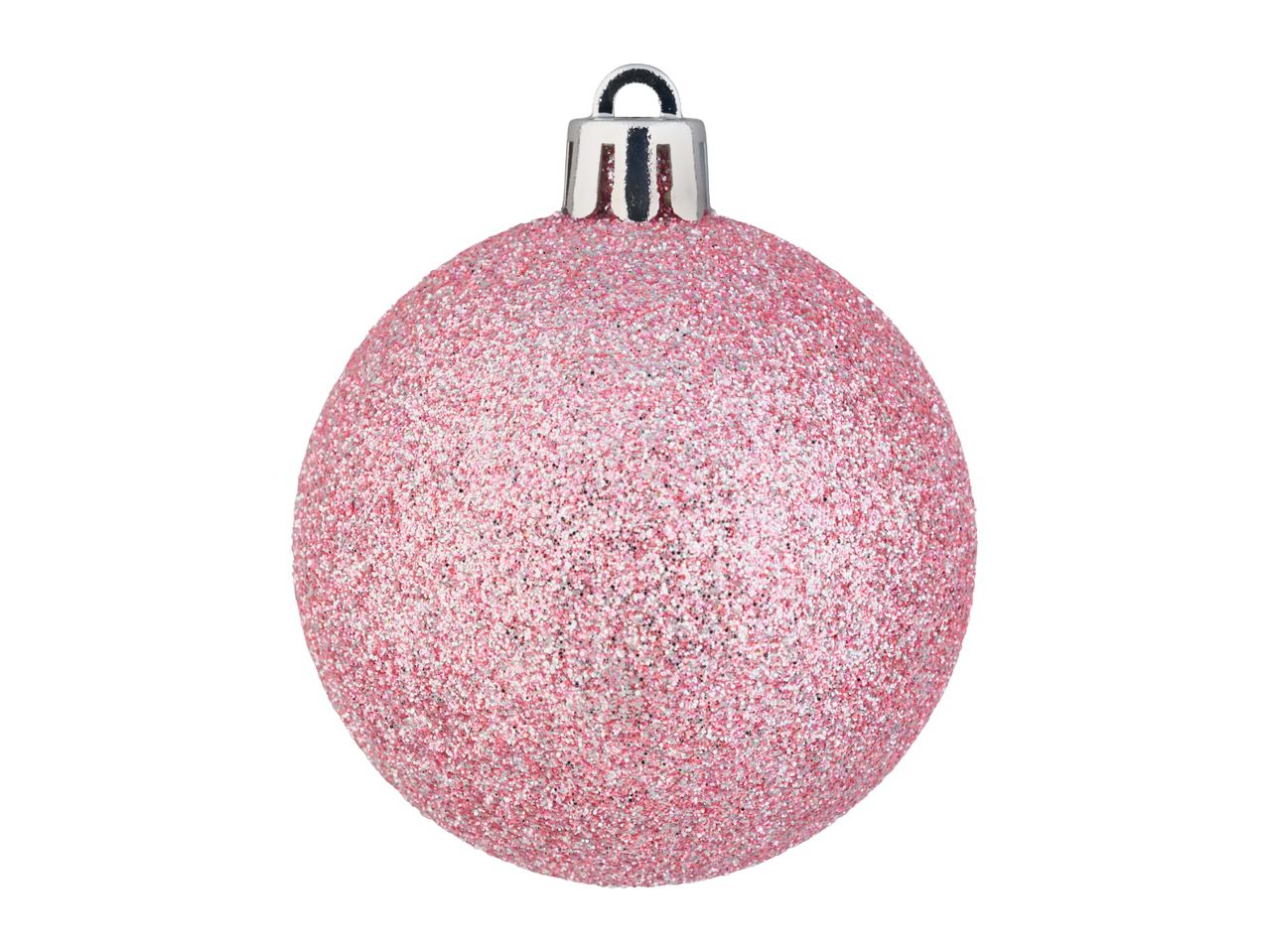 Pink glitter Christmas bauble with a silver cap