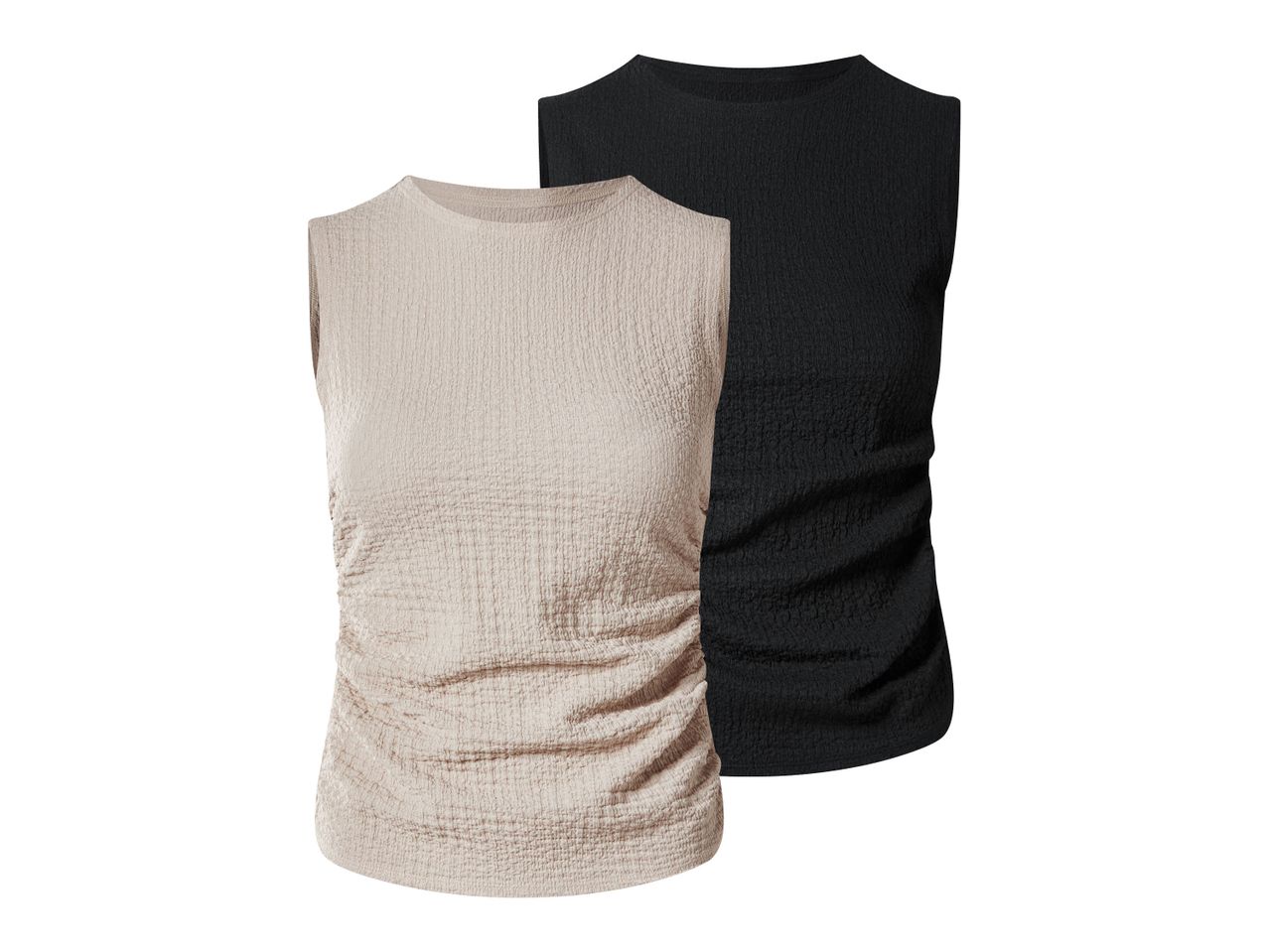 Zwei ärmellose, gerüschte Oberteile in Beige und Schwarz