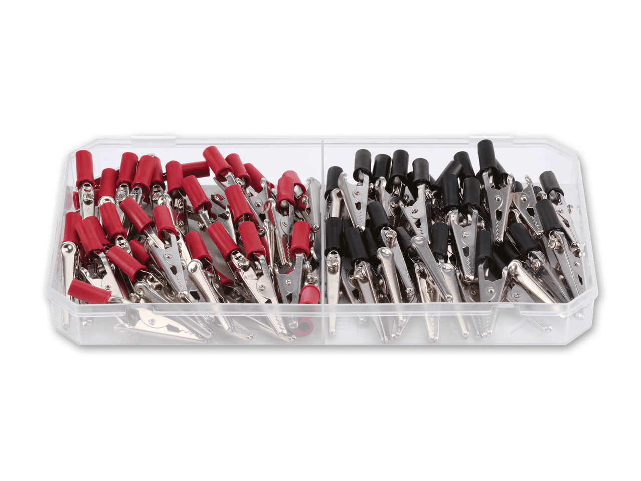 Krokodilklemmen in Rot und Schwarz in einer transparenten Aufbewahrungsbox.