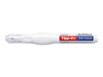 White correction fluid pen with a clear cap and blue label, featuring text and a barcode.