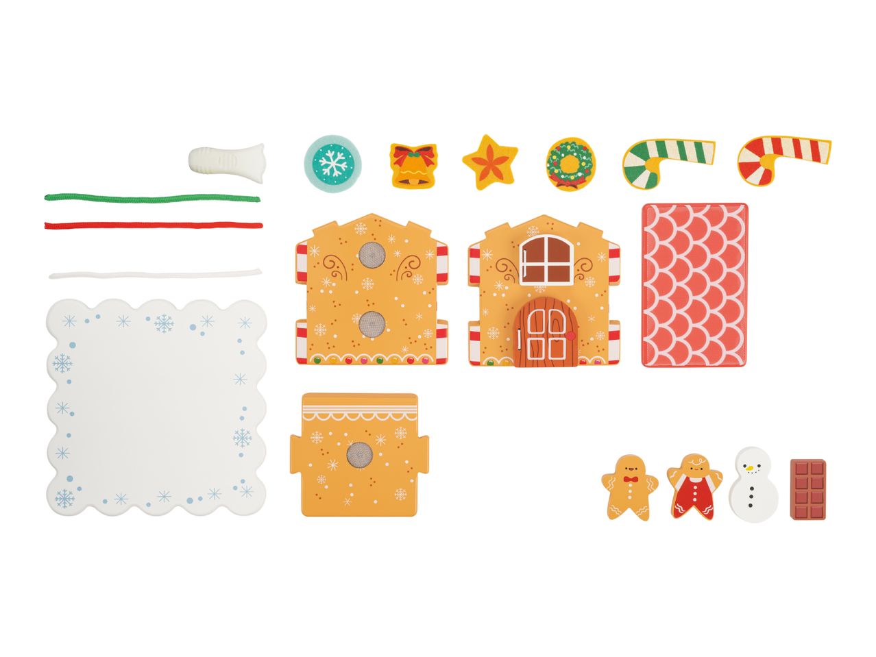 Gingerbread house craft kit with house pieces, roof, base, decorative elements, and gingerbread figures.