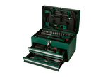 Green tool box with open lid and two open drawers, filled with various tools.