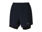 Men's navy blue 2-in-1 running shorts with black inner shorts.