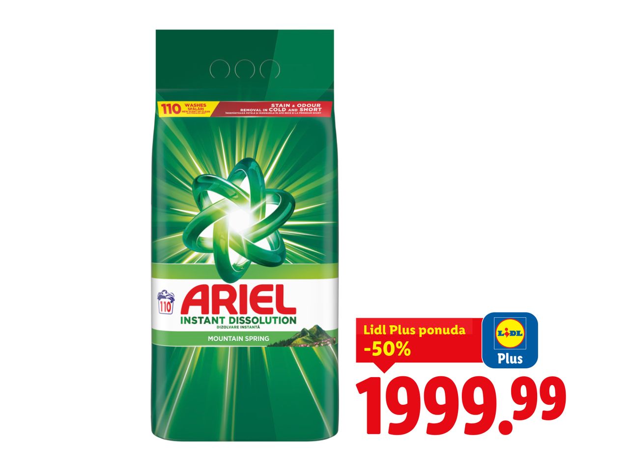 Ariel Mountain Spring deterdžent za veš, Lidl Plus ponuda -50%, 1999.99.